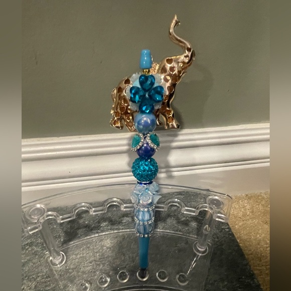 Handmade Elegant Beaded Blue and Gold Elephant Pen - Picture 4 of 5